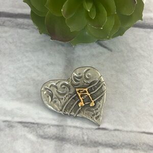 Vintage KATS creation pewter heart gold music symbol pin/brooch